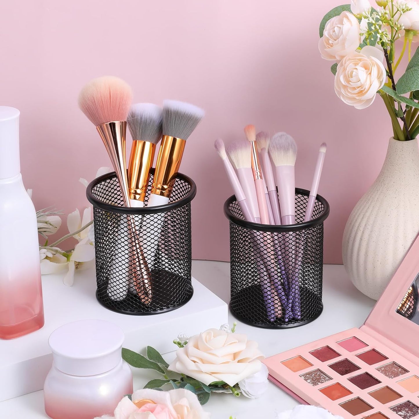 8 Pack Pencil Cups Mesh Pencil Holder Metal Pen Holder for Desk, Small Desktop Pen Cup Holders Desk Accessories & Workspace Organizers for Home, Office, Black 3.8’’ Tall
