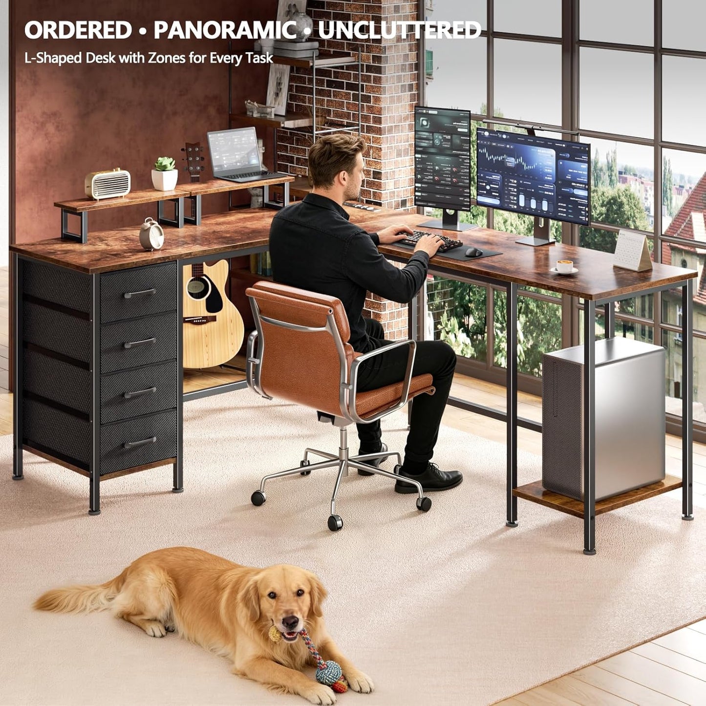 Korfile 59 inch L Shaped Computer Desk with Power Outlets, Home Office Desk with 4 Adjustable Storage Drawers & 2 Monitor Stands, Two Person Gaming Table for Bedroom, Black