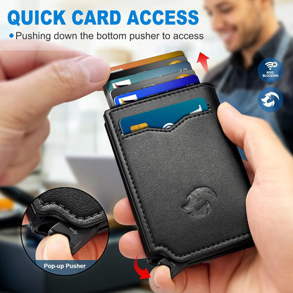 Airtag Wallet for Men,with Cash Pocket 2 ID Window 10+ Cards,Metal Case Smart Slim Pop Up Credit Card Holder Flip with Magnetic Closure RFID Blocking Trifold Leather wallet with Gift Box