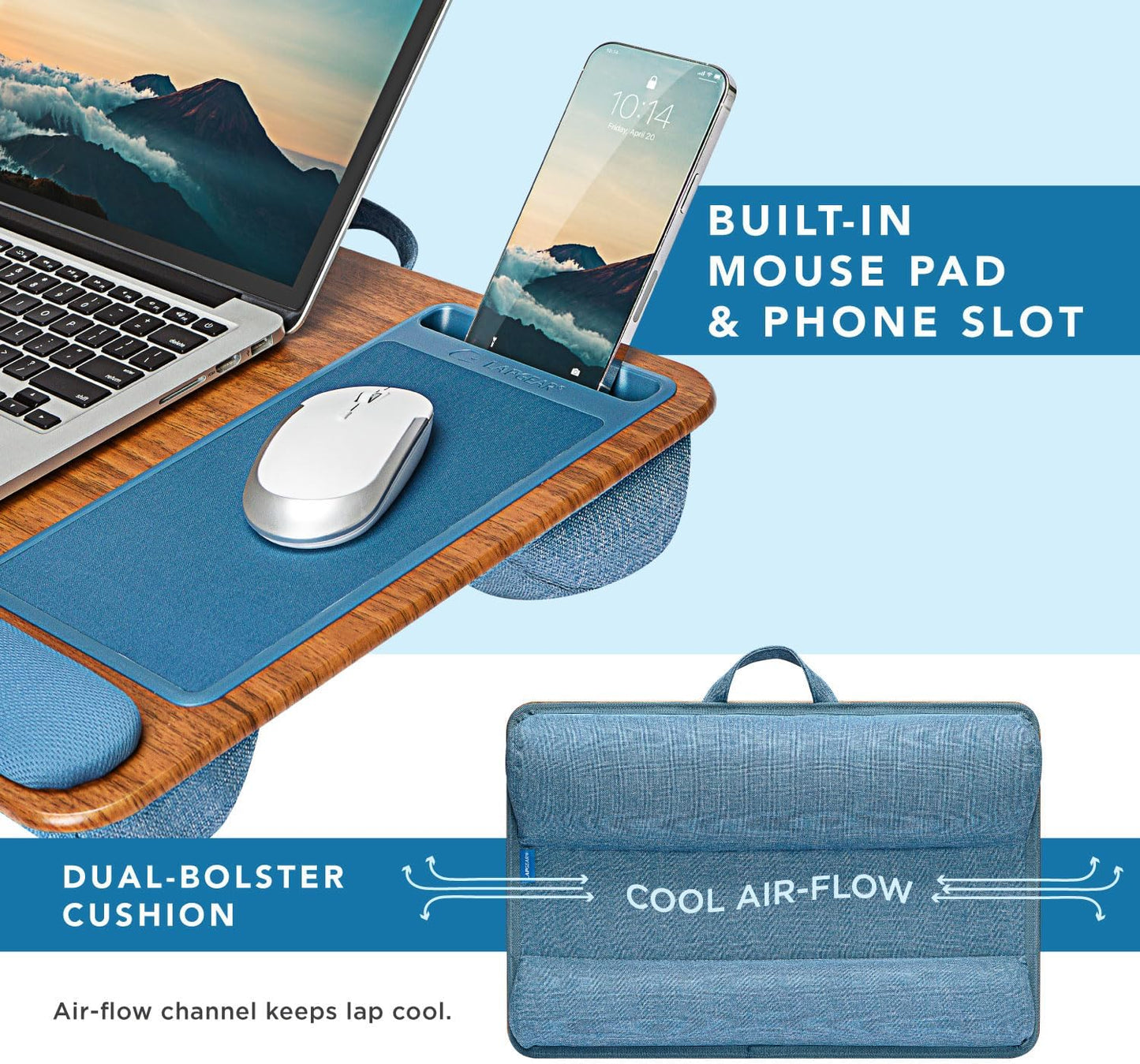 LAPGEAR Home Office Lap Desk with Device Ledge, Mouse Pad, and Phone Holder - Black Carbon - Fits up to 15.6 Inch Laptops - Style No. 91588