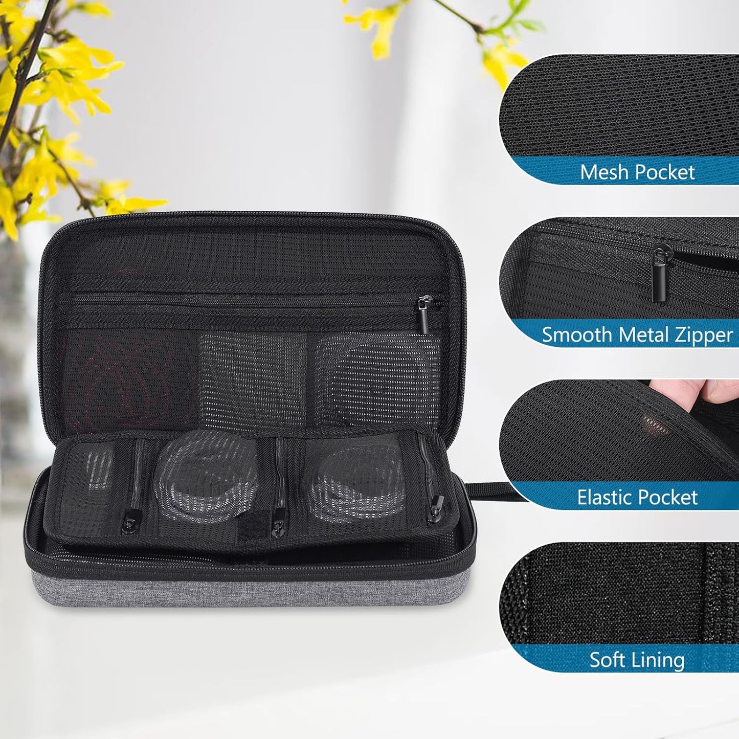 ProCase Large Hard Travel Electronic Organizer Case for MacBook Power Adapter Chargers Cables Tech Organizer Hard Drive USB Flash Disk SD Card Portable Electronics Accessories Bag -Black