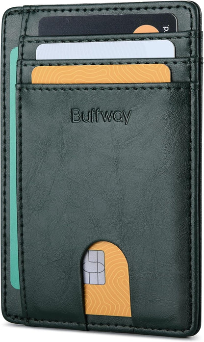 Buffway Slim Minimalist Front Pocket RFID Blocking Leather Wallets for Men and Women - Carbon Fiber Black - Colors A