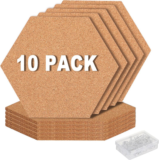 FEBSNOW 3 Pack Self-Adhesive Cork Board Tiles Hexagonal Cork Board Mini Wall Bulletin Board with 50 Multi-Color Push Pins