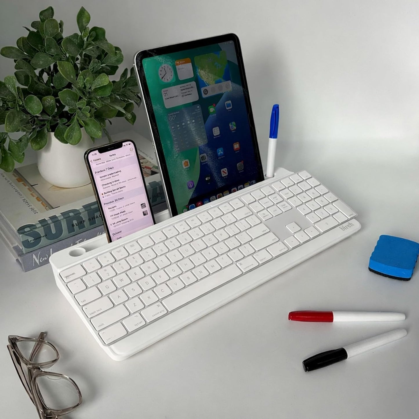 Birch Small Desktop Glass Whiteboard & Magnetic Calendar – Dry Erase Desk Pad Keyboard Stand with Storage, Adjustable Dividers, 3 Markers & Eraser – Office, Home & School (Moss)