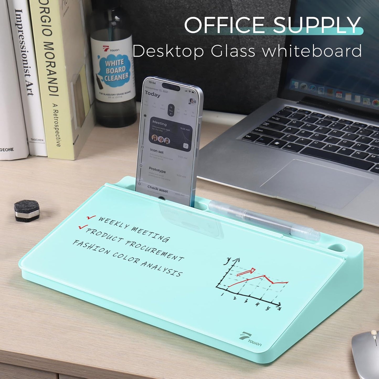 TOWON Small Compact Glass Desktop Whiteboard with Storage – 12 x 7 in Dry Erase Board for Desk, Home Office, School | Includes 5 Markers, Eraser & Holder | Space-Saving Organizer, Aesthetic Rose Gold