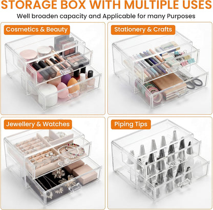 Acrylic Makeup Organizer 2 Drawer Transparent Makeup Storage Box with DIY Flower Nails Tips Jewelry Cosmetic Organizer Dustproof Drawer for Bedroom, Bathroom, Countertop Dresser 7.5 x 4.72 x 3.9 Inch