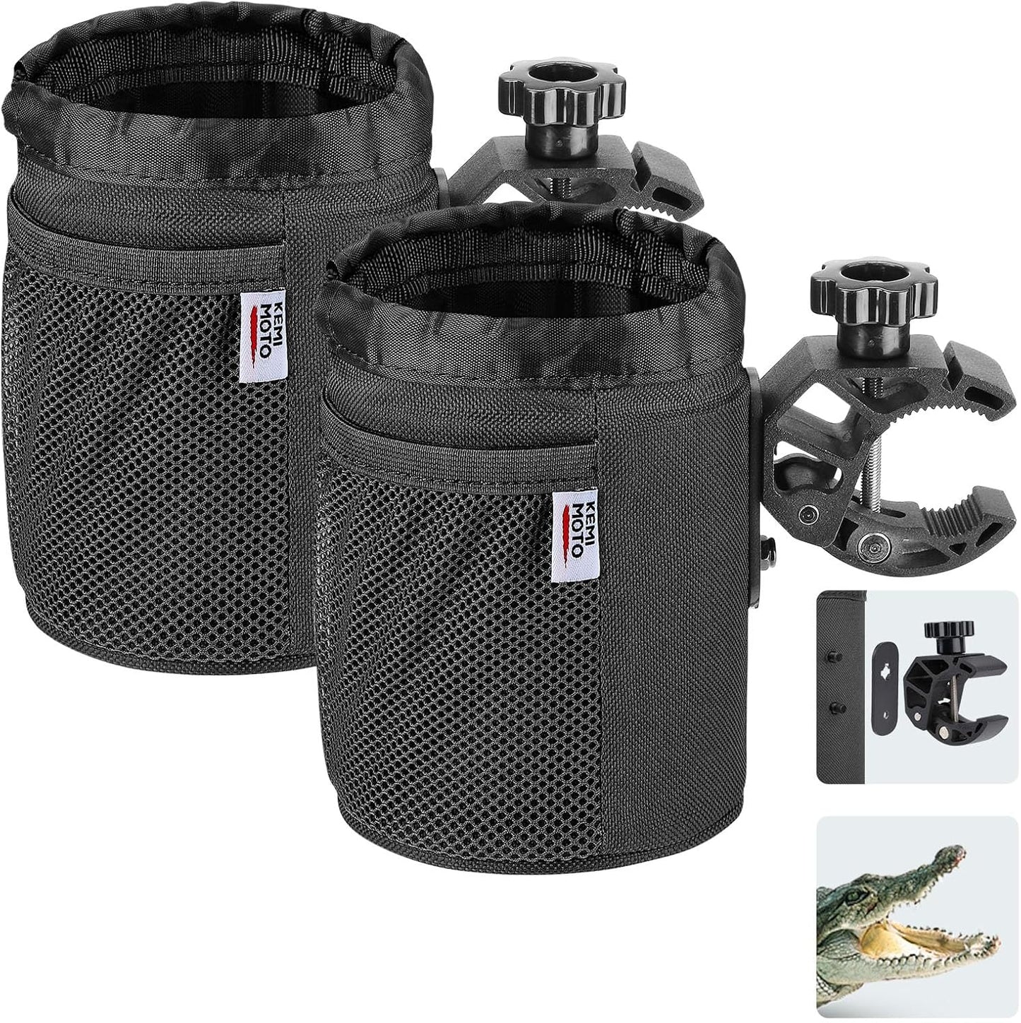 KEMIMOTO Motorcycle Cup Holder, Oxford Fabric Motorcycle Drink Holder with 0.6"-1.5" Alligator Clamp, Universal Water Bottle Cup Accessories for Bike, ATV/UTV, Scooter, Boat, Walker