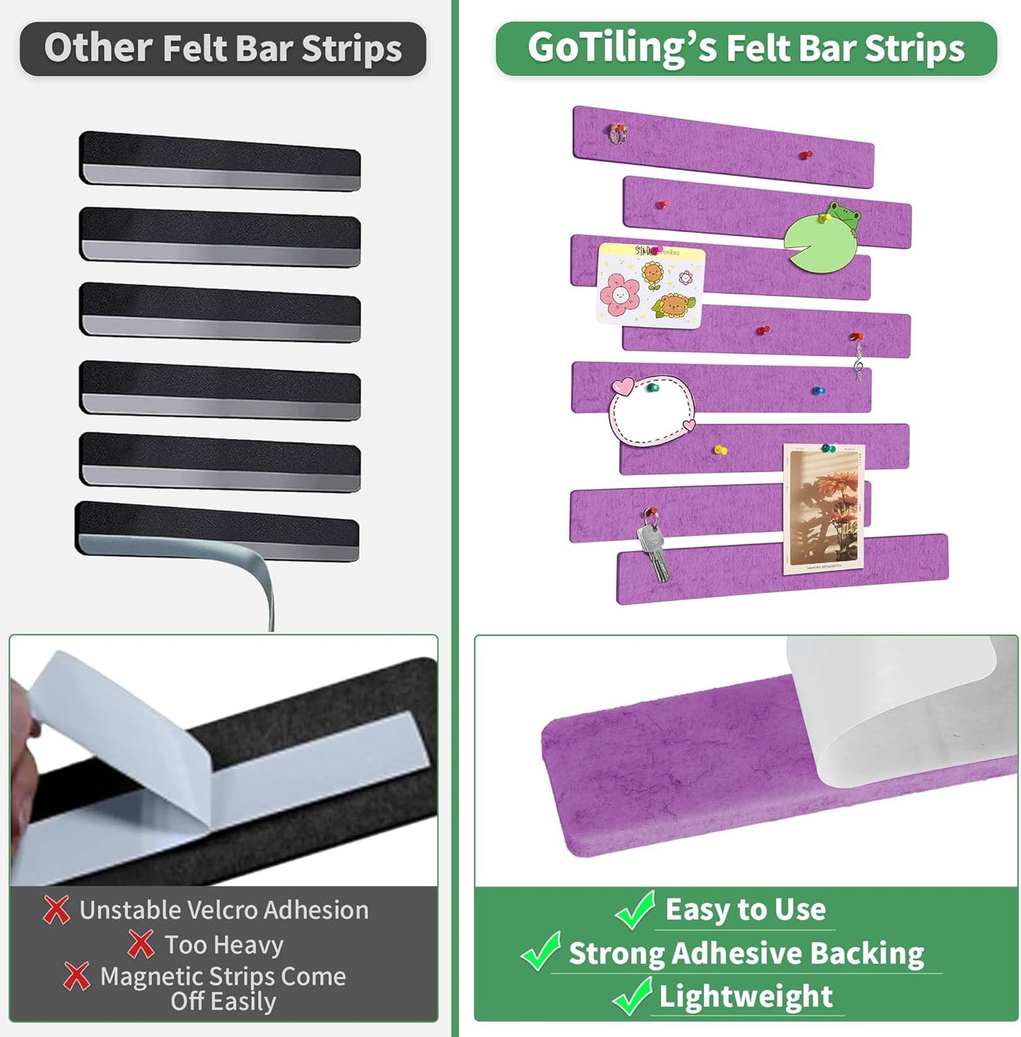 Cork Board for Walls - 8 Pack Felt Pin Board Bar Strips - Self-Adhesive Lightweight Bulletin Board - Cork Board for Office with 40 Push Pins No Damage for Wall
