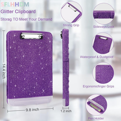 Glitter Clipboard with Storage,Storage Clipboard with Pen Holder,A4 Binder Clip Boards 8.5x11 with Low Profile Clip,Side Opening Sparkle Clipboards, Clipboards Folder for Office Supplies-Starry Black