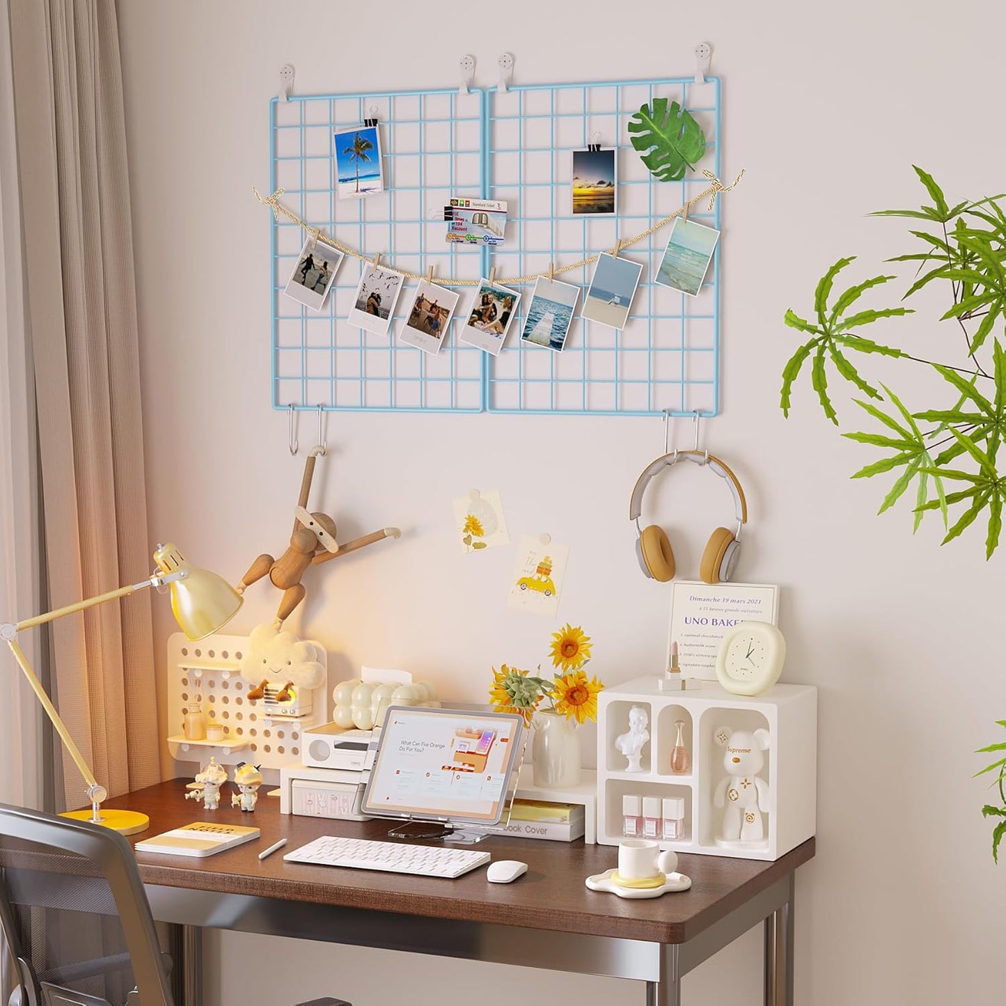 C&AHOME Photo Wall Display Set of 2, Grid Panel with Hooks, Clips, Hemp Cord, Hammer - 15.7" x 11.8", White UWWGM3402W