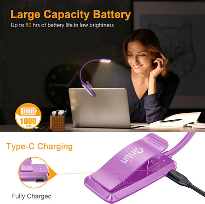 Gritin 9 LED Rechargeable Book Light for Reading in Bed - Eye Caring 3 Color Temperatures,Stepless Dimming Brightness,80 Hrs Runtime Small Lightweight Clip On Book Reading Light for Studying