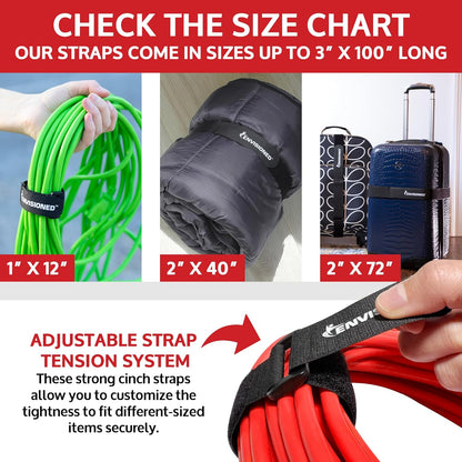 ENVISIONED Reusable Cinch Straps 2" x 40" - 6 Pack, Multipurpose Strong Gripping, Quality Hook and Loop Securing Straps (Black) - Colors A