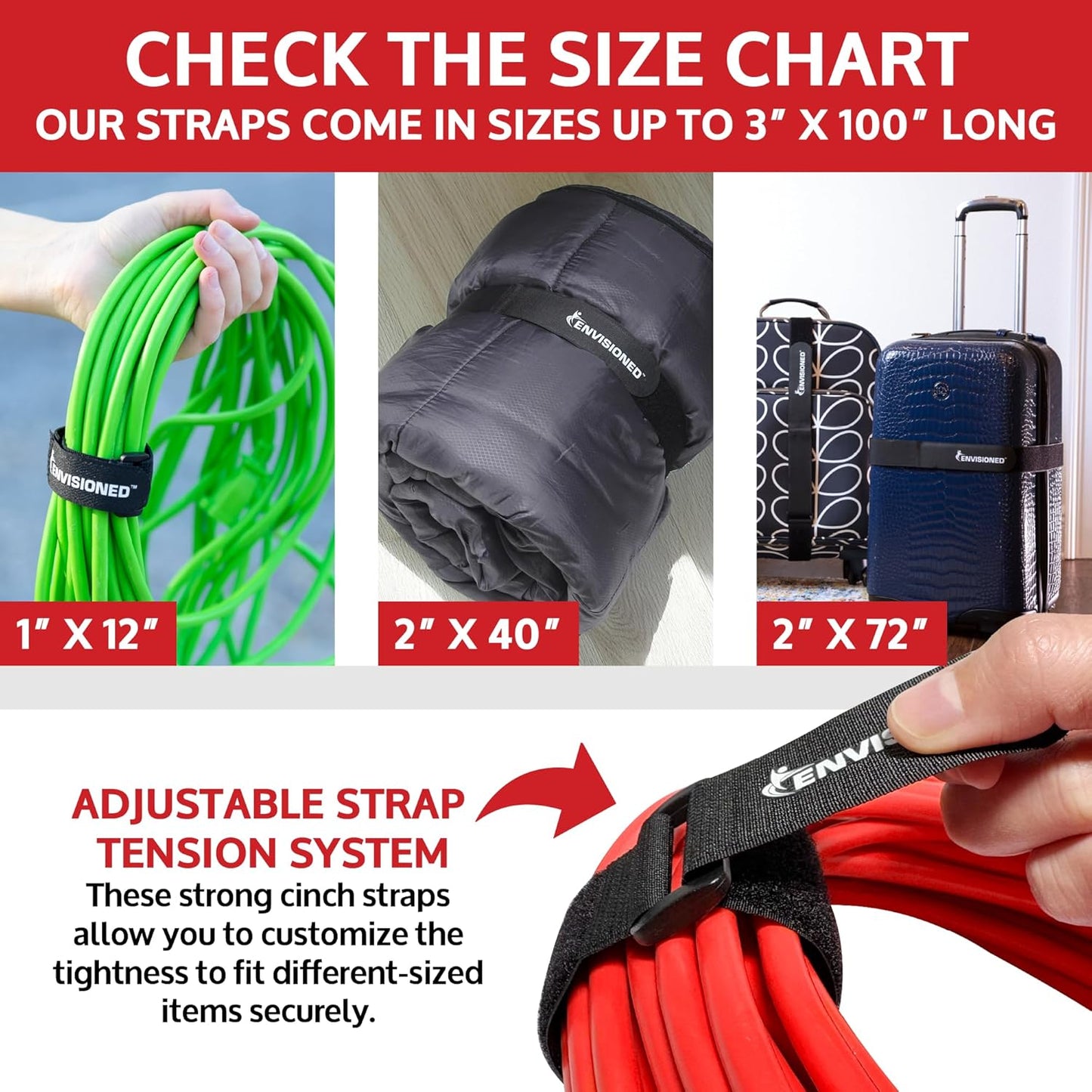 ENVISIONED Reusable Cinch Straps 2" x 40" - 6 Pack, Multipurpose Strong Gripping, Quality Hook and Loop Securing Straps (Black) - Colors B