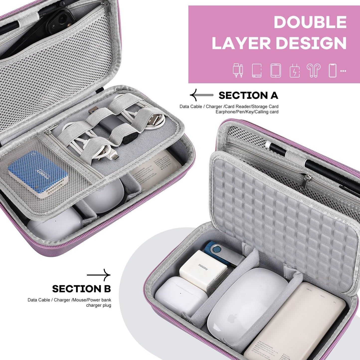Hard Travel Electronic Organizer Case for MacBook Power Adapter Chargers Cables Power Bank Apple Magic Mouse Apple Pencil USB Flash Disk SD Card Hard Drive Waterproof Shockproof Carrying Bag, Black
