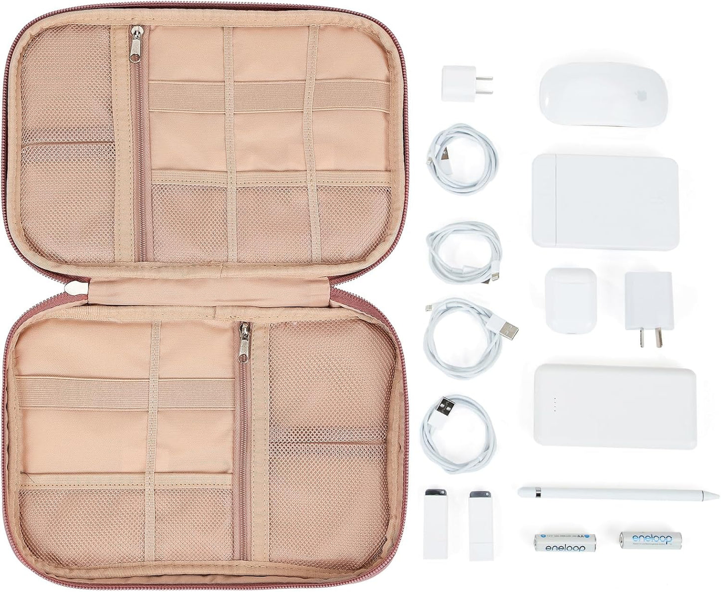 NISHEL Travel Cord Organizer Case, Tech Electronic Bag, Essentials for Charger, Cable, Phone, Hard Drive, USB, SD Card, Pink