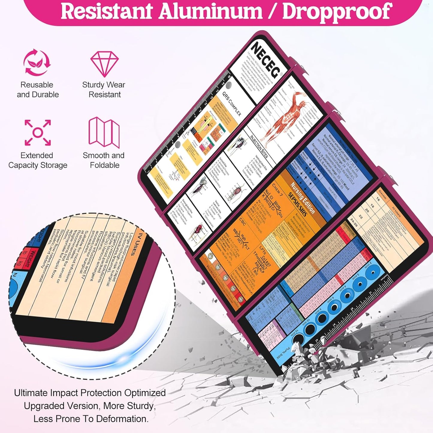 Nursing Clipboard Foldable-4 Layers Aluminum Nurse Foldable Clipboard Nursing Medical Edition Cheat Sheets, Pocket Size Pen Clip for Nurses Students School and Doctors-Pink