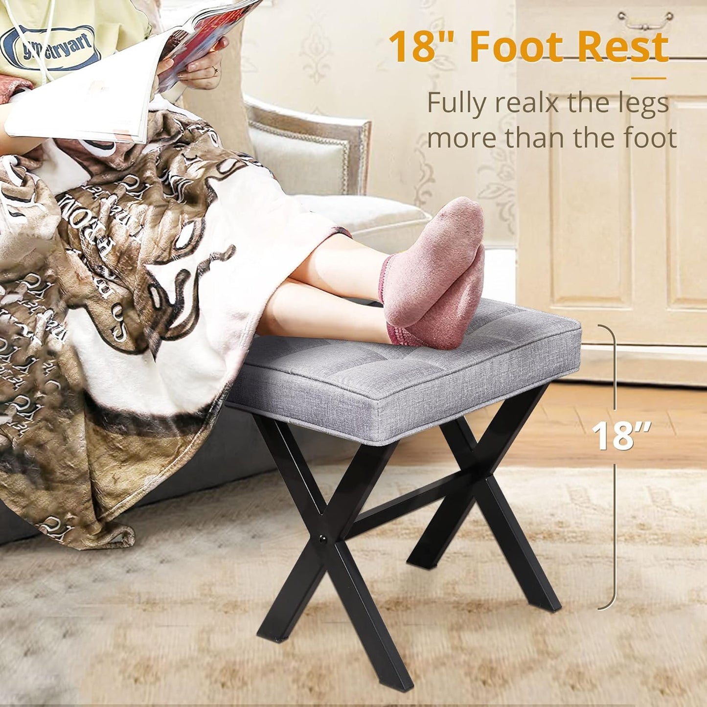 LUE BONA Square Linen Makeup Stool, Metal X Legs, Small Ottoman Stool Chair for Vanity, Modern Padded Seat Foot Rest for Makeup Room, Bathroom