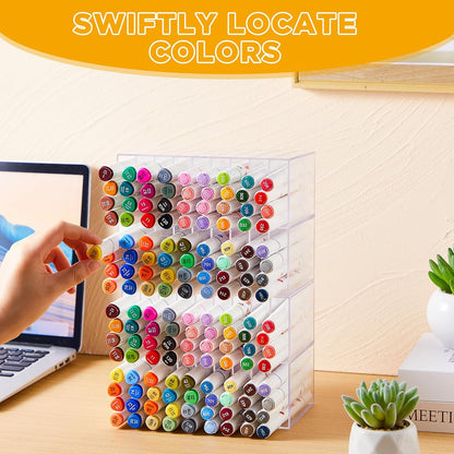 MotiMind 2 Pcs Acrylic Marker Organizer Desktop Storage Hold 144 Marker, Clear Pencil Holder Stand Art Brushes Stationary Display with 18 Compartments for School Classroom Desk Home Office Supplies