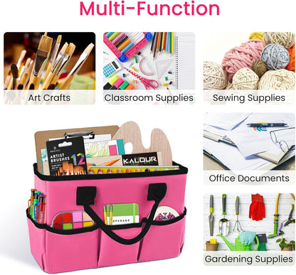 Desktop Tote and Stock Organizer, Teacher Helper Tote Bag Organization for Arts, Books, Stationery, Office Desk Organizer, Make-up Storage Tote with Handles for Travel, Black-Gray