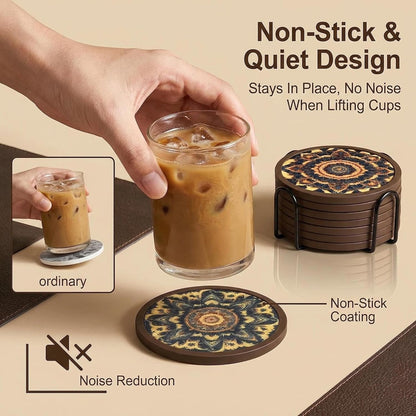 Absorbent Coasters for Drinks with Holder - 6packs, Silicone Coaster with Soft Felt Insert, Black (Coasters with Holder, Black)