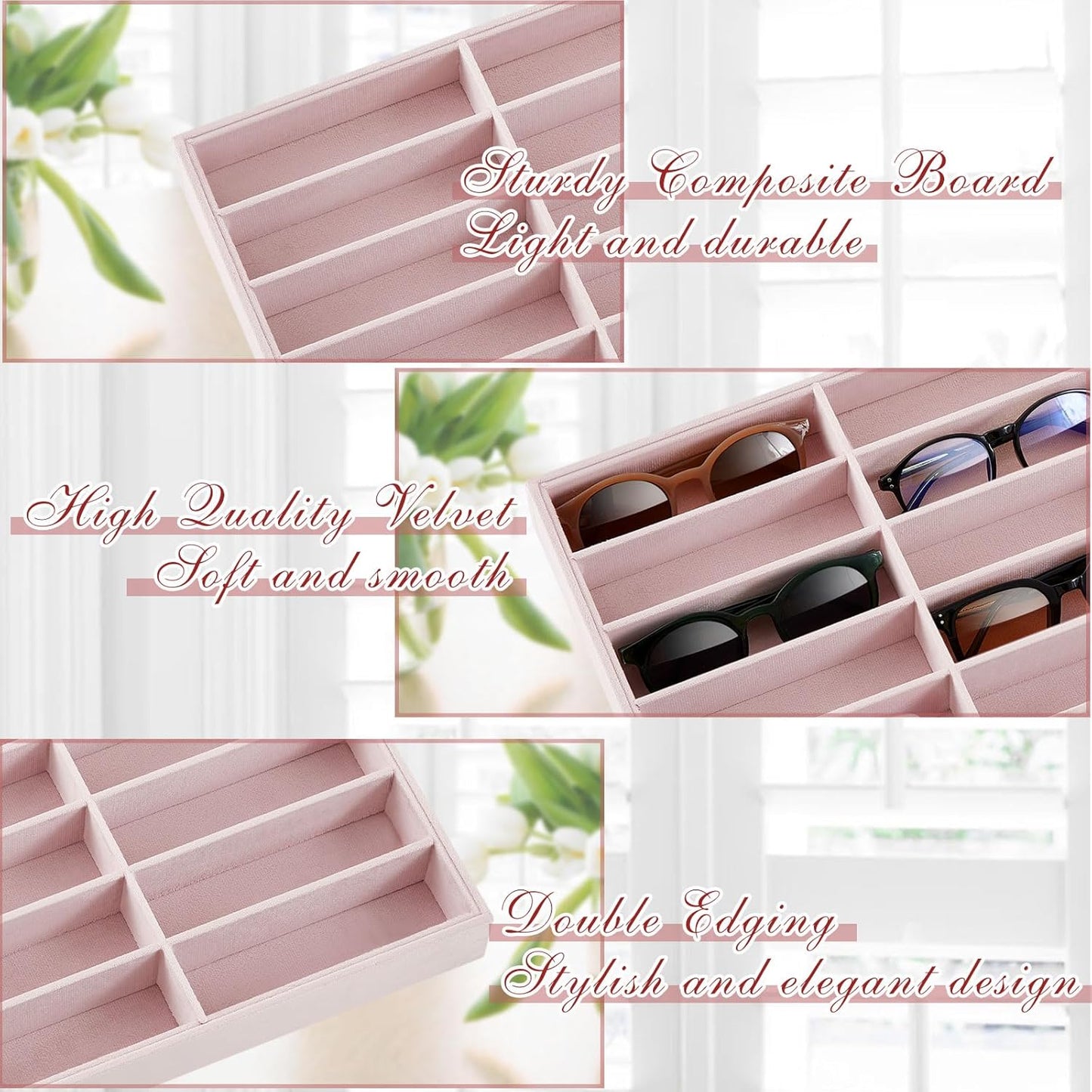 Amylove 2 Pcs Sunglass Organizer Trays Glasses Stackable Jewelry Trays Sunglass Organizer Display Box(8 Grids,Beige)