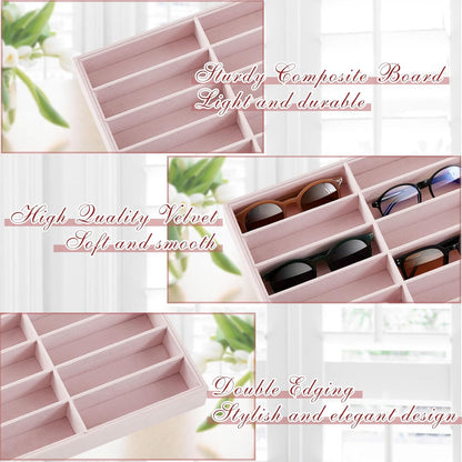 Amylove 2 Pcs Sunglass Organizer Trays Glasses Stackable Jewelry Trays Sunglass Organizer Display Box(8 Grids,Beige)