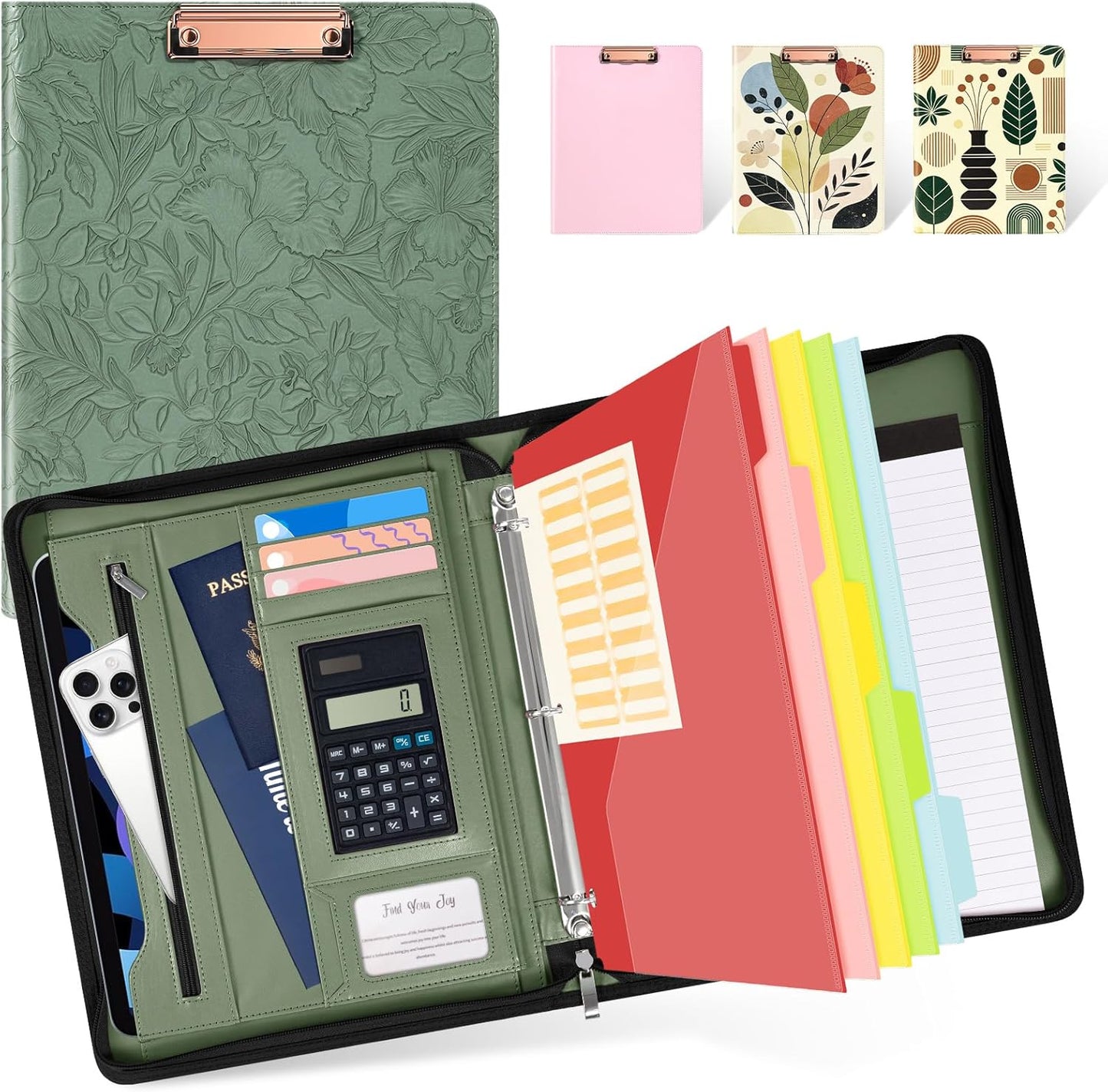 Ospelelf Zippered Padfolio Portfolio Folder, Leather Clipboard with Storage, 3 Ring Binder 1 Inch,12.1” Tablet Sleeve, 5 Dividers with Pocket, Refillable Notepad, Card Slot (Classic Black)