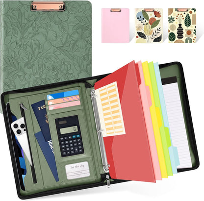 Ospelelf Zippered Padfolio Portfolio Folder, Leather Clipboard with Storage, 3 Ring Binder 1 Inch,12.1” Tablet Sleeve, 5 Dividers with Pocket, Refillable Notepad, Card Slot (Classic Black)