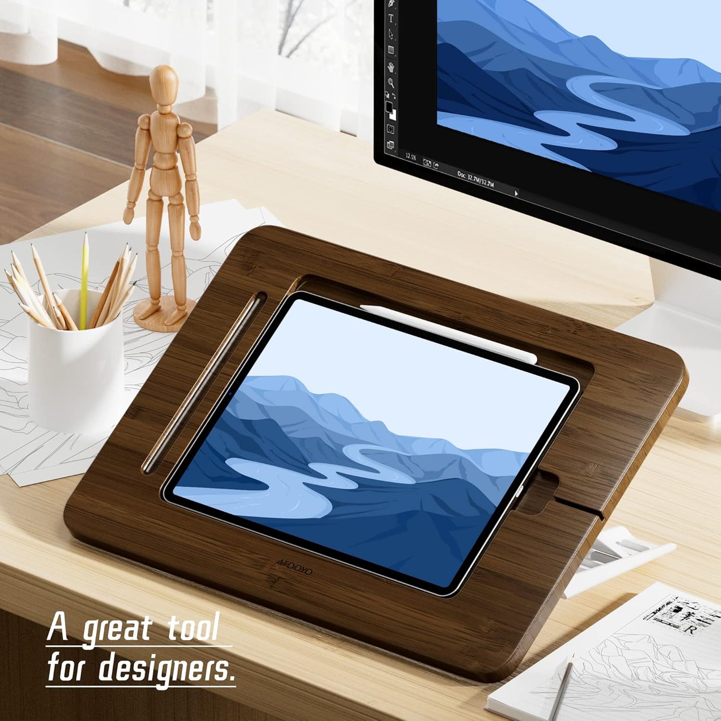 AFOOYO Bamboo Tablet Drawing Stand - Portable & Adjustable 5 Angles,Laptop Stands Riser, Book Reading Stand,Compatible with 9.7/10.2/10.5/10.9/11 inches