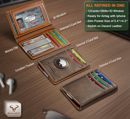 BULLIANT Men Airtag Wallet,Slim Wallet Money Clip Card Holder Magnetic Closure 12 Cards in Front Pocket RFID Blocking
