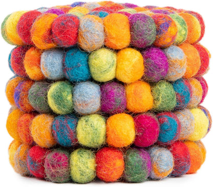 Round Felt Ball Coasters - 100% Merino Wool Table Coasters - Felt Coaster Pads, Absorbent Trivet for Drinks - Heat Resistant, Thick & Durable Hand Felted - Woolygon - Multicolor Set of 5 (Rainbow)