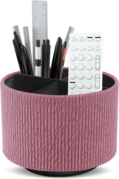 Round Leather Art Supply Organizer,Remote Control Holder,360 Degree Rotating,Multi-Functional Pencil Holder,4 Compartments Desktop Stationary Organizer(1-Fractal Flower) | Round - Colors A