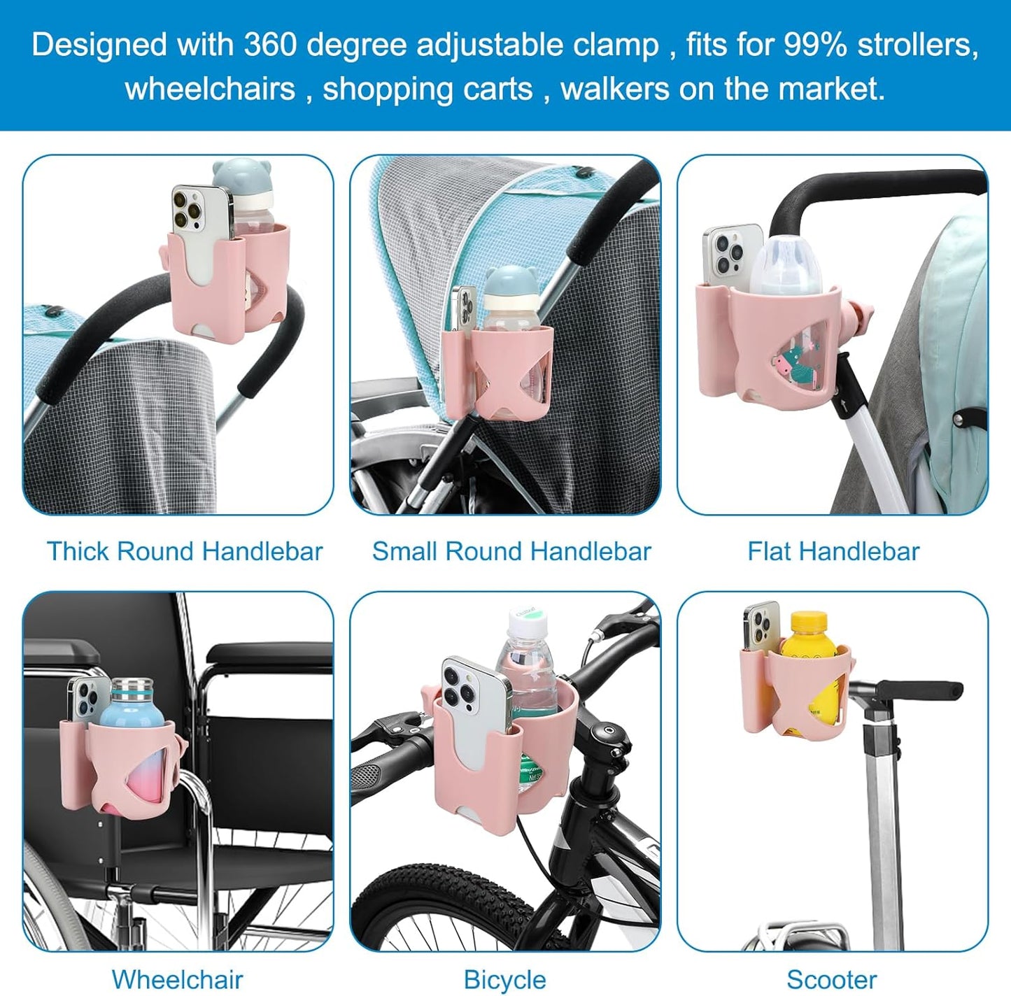 Accmor Stroller Cup Holder, Universal Cup Holder for Stroller Walker Bike, 360° Rotatable Large Caliber Designed Bottle Holder for Stroller, Bike, Wheelchair, Scooter