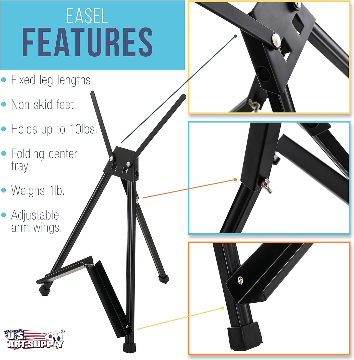 U.S. Art Supply 15 to 21-Inch Adjustable Tabletop Easel for Painting - Black, Aluminum Tripod, Portable Art Easel Stand for Sign Display, Painting Canvas, and Whiteboard