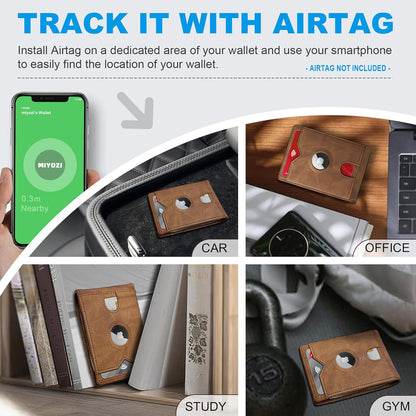 miyozi AirTag Wallet for Men, Slim Leather Bifold with Holder Slot, 2 ID Windows & 13 Card Slots, RFID Blocking Front Pocket Wallet with Gift Box