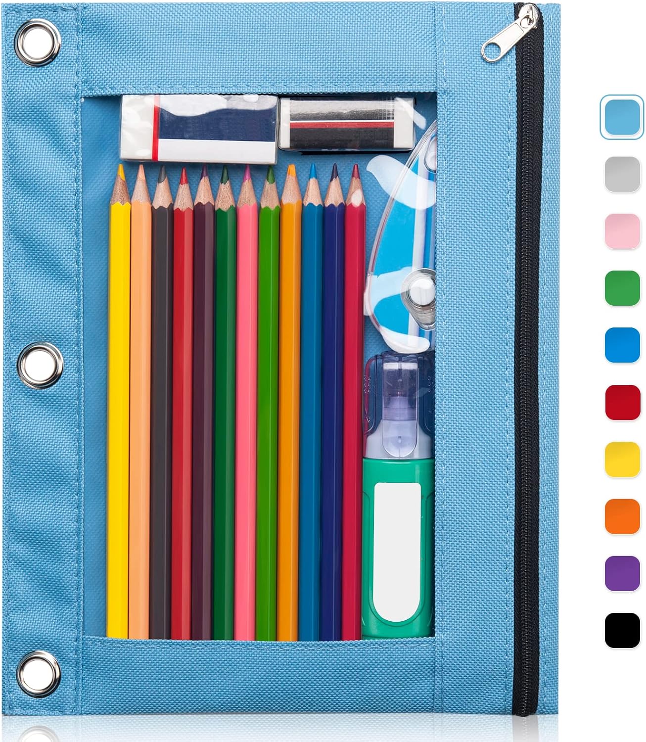 Forvencer Pencil Pouch for 3 Ring Binder, Large Pencil Case Pouch with 3 Reinforced Grommets, Pen Bag, Clear Window Pencil Case, Binder Accessories, Black