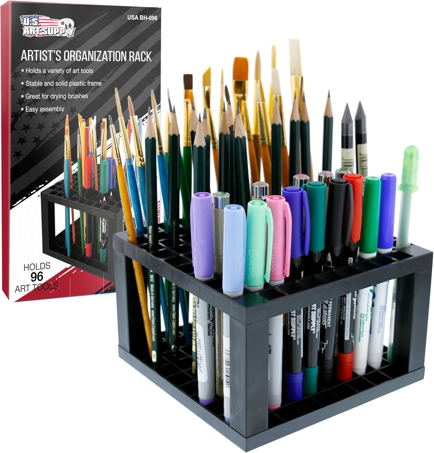 U.S. Art Supply Plastic Artist Round 50 Hole Paint Brush Holder and Organizer - Rack Holds Paintbrushes, Makeup Cosmetic Brushes, Pencils, Pens, Markers, Art Tools, Desk Stand - Students, Teachers