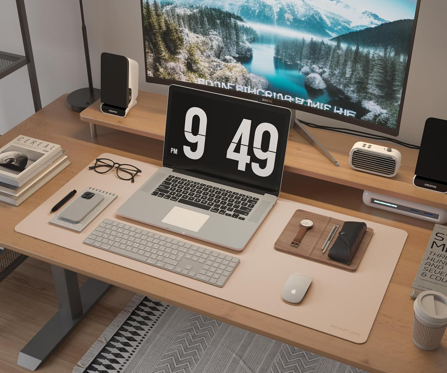 RENMTURE Desk Pad, Cork & PU Leather Desk Mat, Large Mouse pad, Non-Slip Desk Protector and Blotter, Waterproof Writing Pad, Desk Accessories and Organizers for Home Office (Light Yellow, 32"x16")