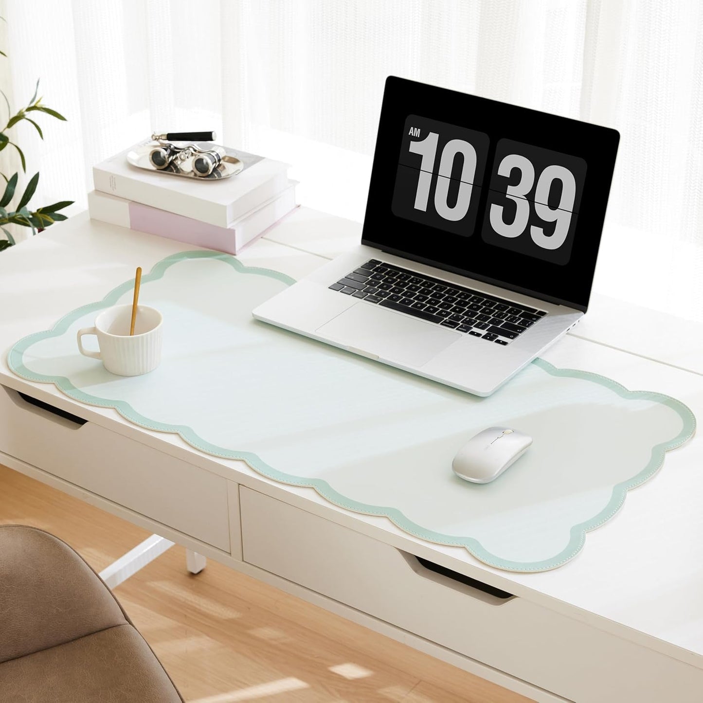 Scalloped Desk Mat, 31.5" x 15.7" Large Cute Aesthetic Desk Accessories, PU Leather Computer Laptop Desk Mouse Keyboard Pad, Desk Writing Mat for Vanity/Work/Home Decor (Beige, 31.5" x 15.7")