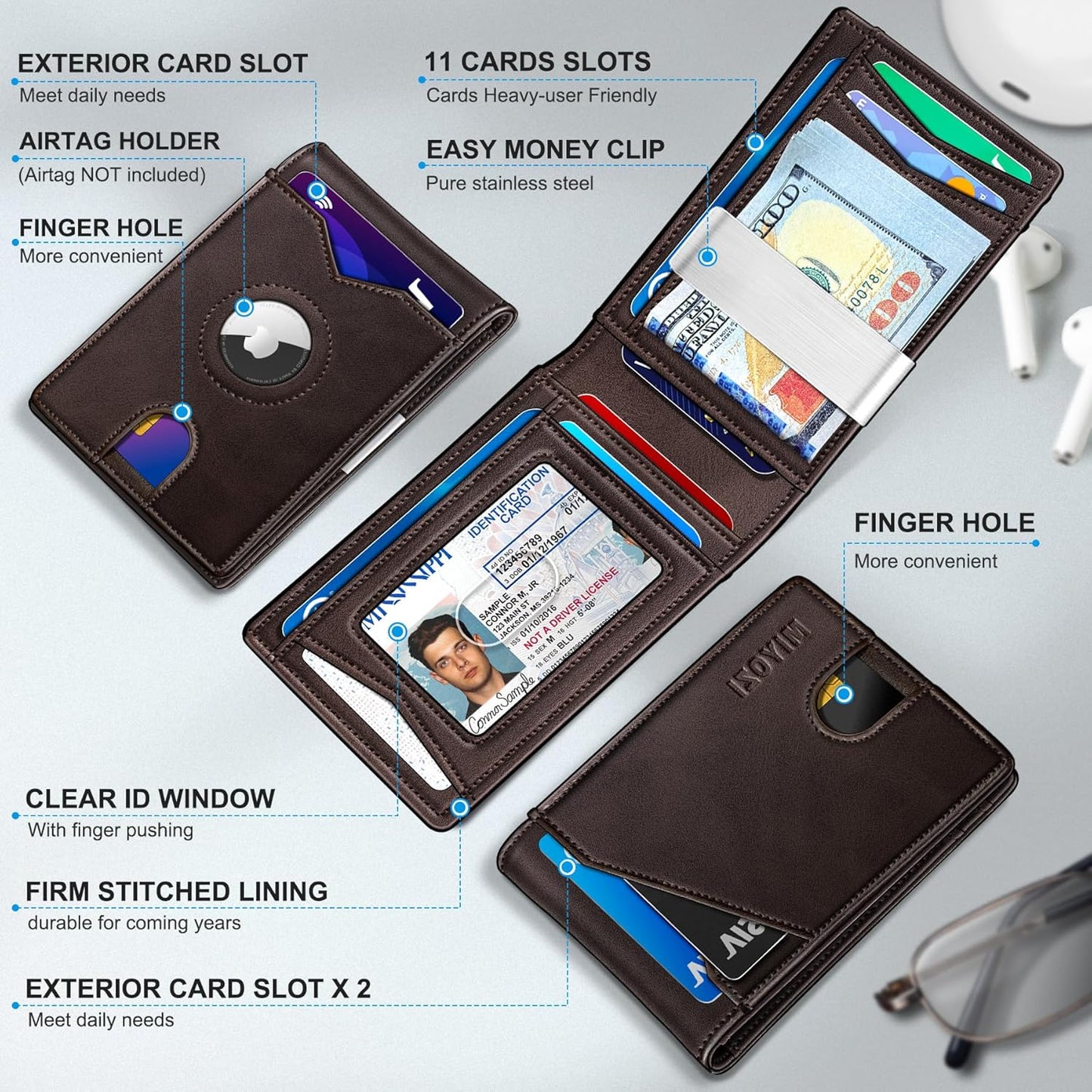 miyozi Airtag Wallet for Men,with Money Clip 11 Cards Slim Front Pocket Leather RFID Blocking Wallet with Gift Box