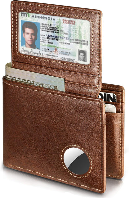 Mens Wallet With AirTag Holder, Bifold Leather RFID Blocking 1-2 ID Windows 12-13 Card Holders, Gift Box and Screen Protector Included, AirTag Not Included