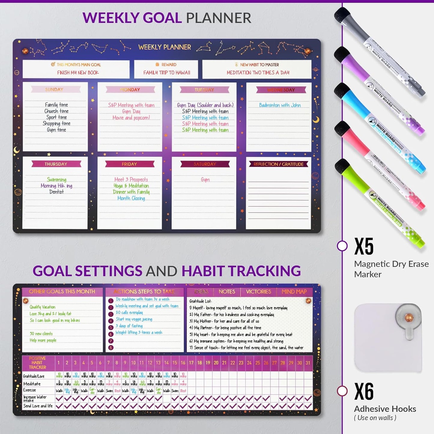 Magnetic Whiteboard for Fridge - Large Dry Erase Calendar for Wall | 2 Magnetic Dry Erase Board 10.5" x 16.5" & 7" x 16.5", Monthly Goal Setting & Habit Tracker, 5 Markers and 6 Adhesive Hooks