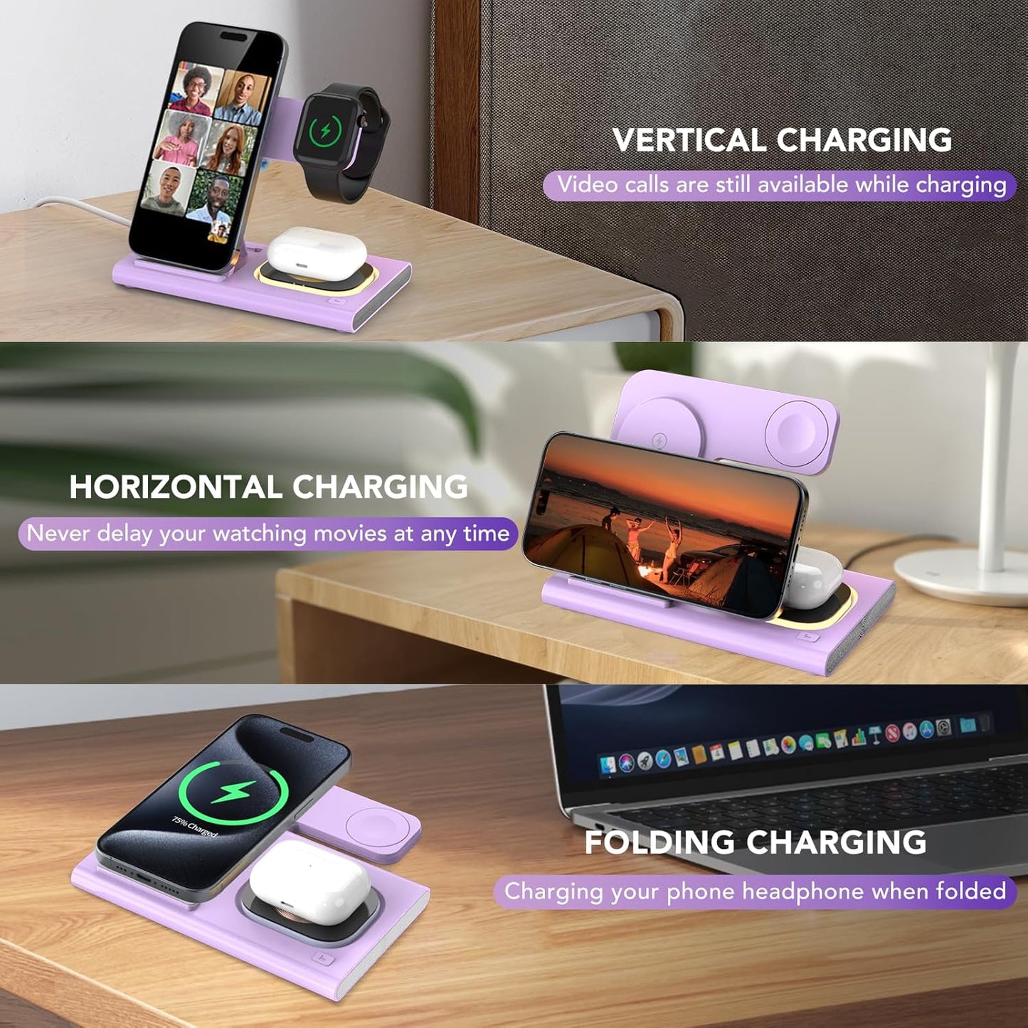 3 in 1 Foldable Charging Station for Apple Products,Wireless Charger for iPhone 17 16 15 14 13 12 Pro Max,Travel Dock Adapter&Light for iWatch Series 11 10 9 Ultra 3/2 SE 3/2,for AirPods 4 3 2 Pro 3/2