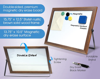 Wooden Framed Double Sided Magnetic Whiteboard with Folding Metal Stand, 16" x 12.5", Rustic Brown Color, Portable Desktop Dry Erase Board, with Marker, Eraser and 4 Magnets