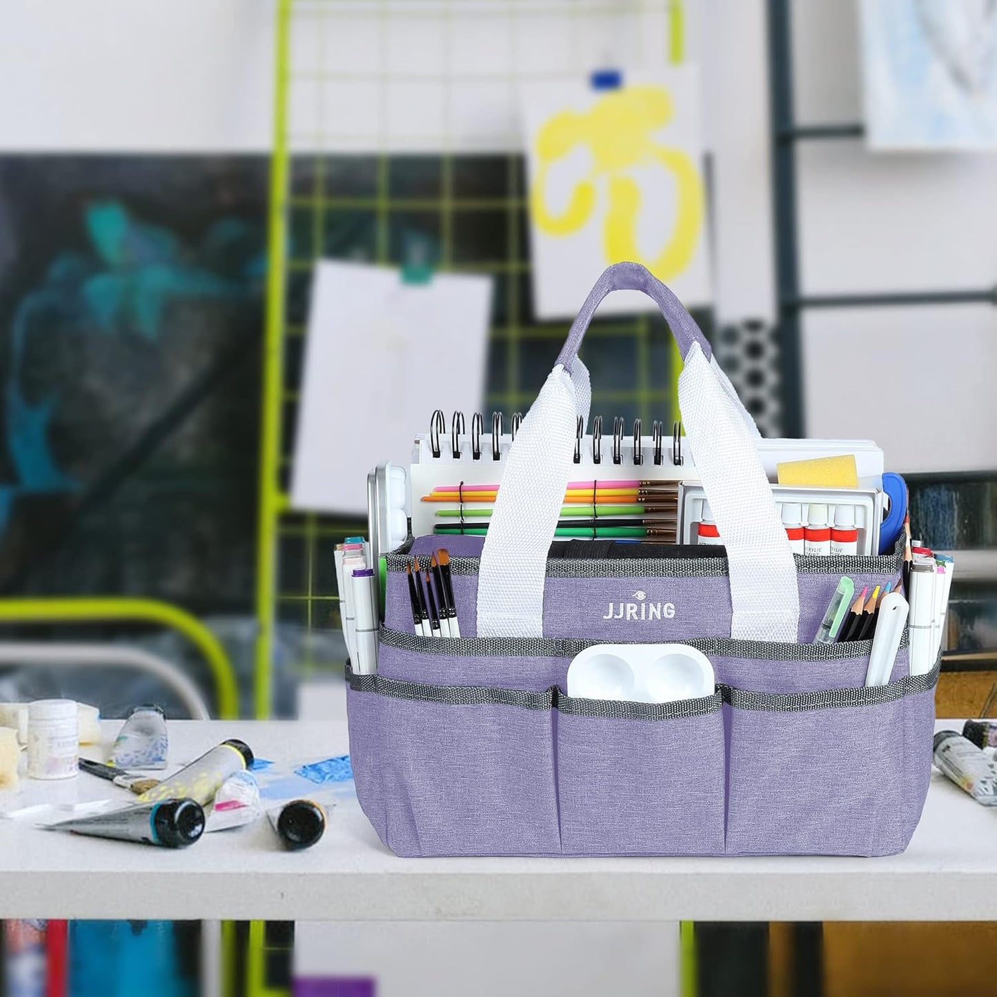 JJRING Craft Organizer Tote Bag for Art Storage, Caddy with Multiple Pockets, Bluish Green Sewing Bag for Scrapbooking, School, Medical, and Office Supplies