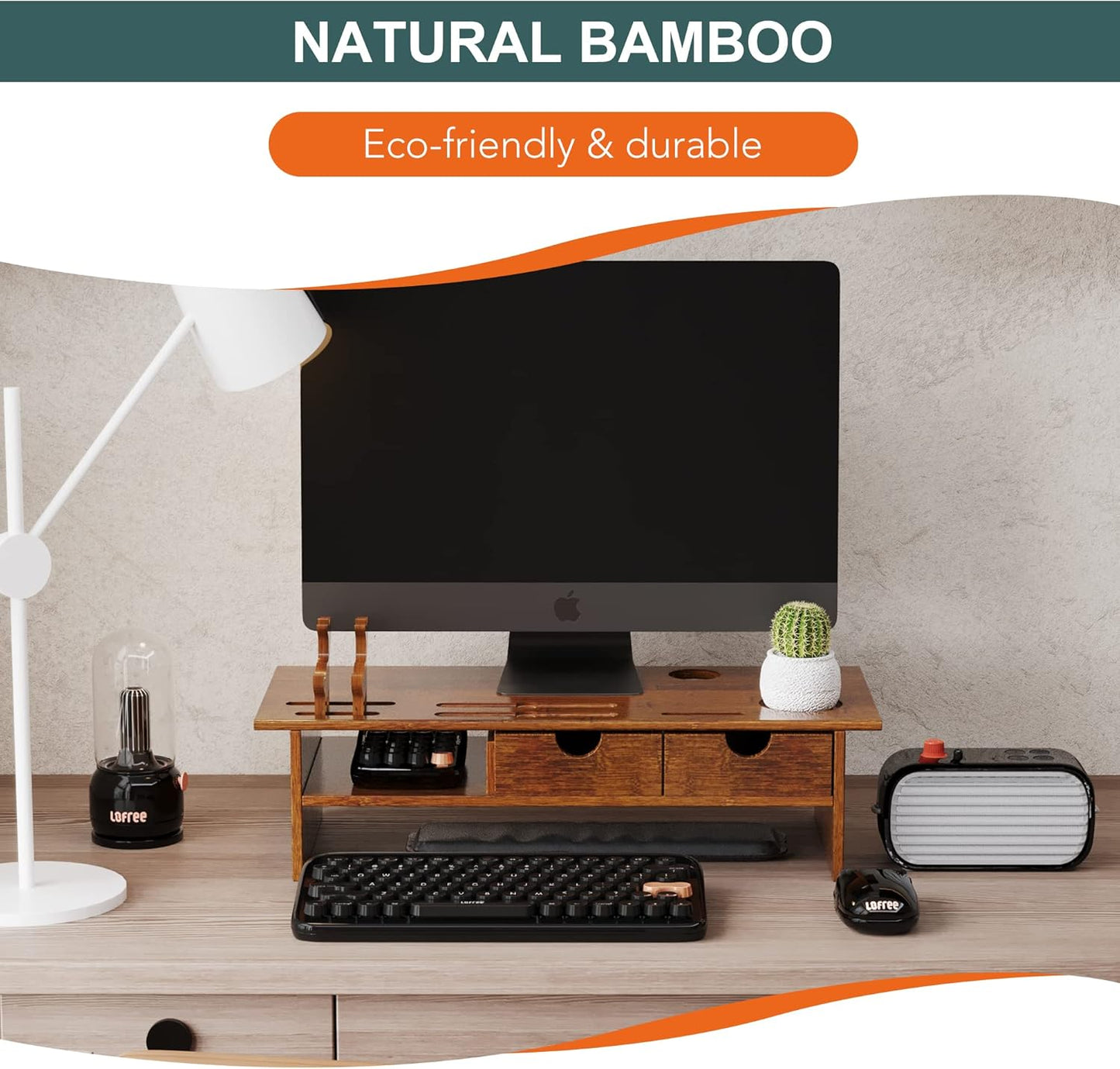 Sundale Outdoor WAYTRIM Bamboo Wood Monitor Stand Ergonomic Computer Riser with Storage Organizer Drawers Desktop Laptop Shelf Risers Cellphone Stand for Home and Office Use, Classic Antique Brown
