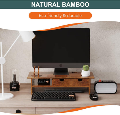 Sundale Outdoor WAYTRIM Bamboo Wood Monitor Stand Ergonomic Computer Riser with Storage Organizer Drawers Desktop Laptop Shelf Risers Cellphone Stand for Home and Office Use, Classic Antique Brown