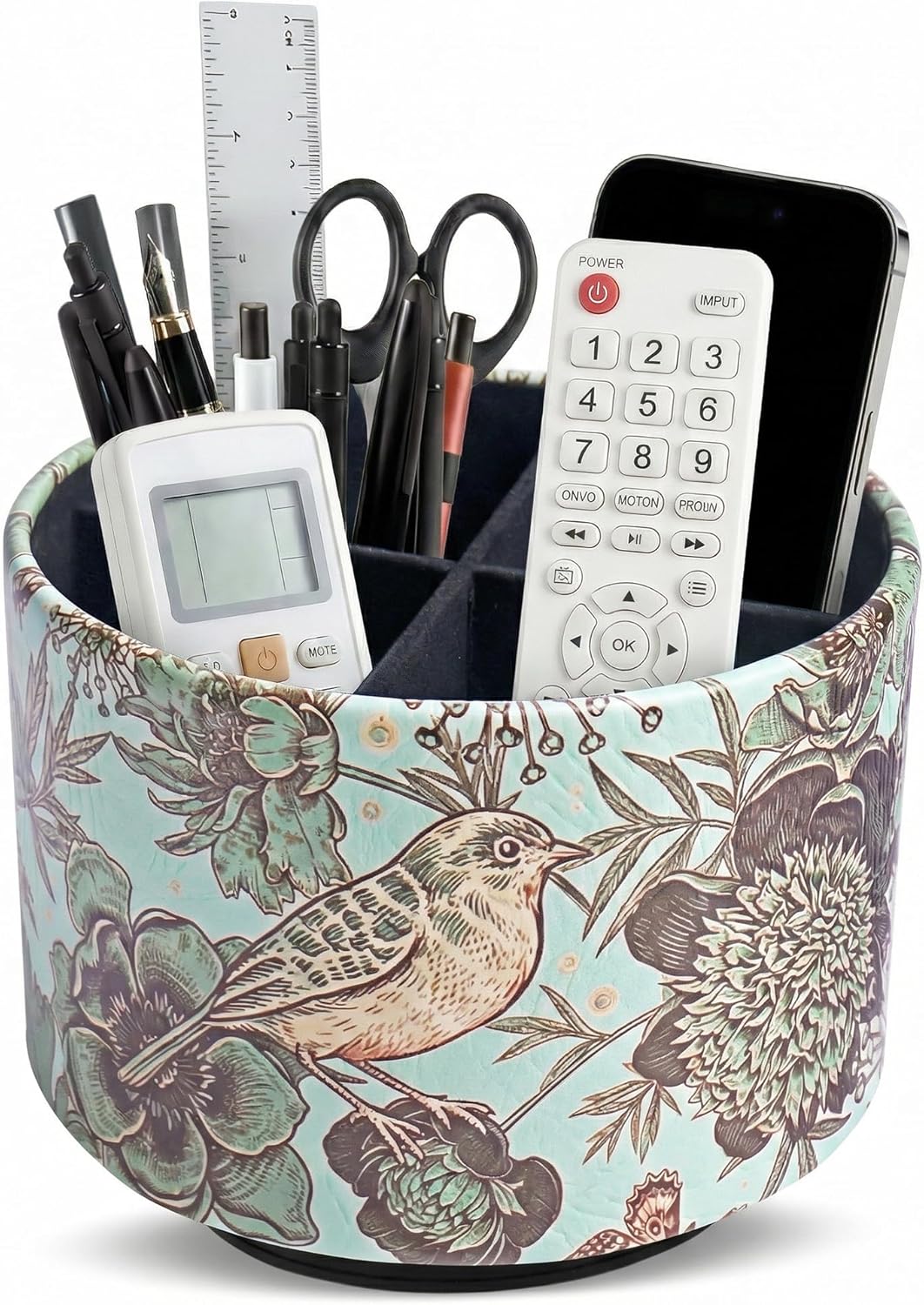 Round Leather Art Supply Organizer,Remote Control Holder,360 Degree Rotating,Multi-Functional Pencil Holder,4 Compartments Desktop Stationary Organizer(1-Fractal Flower) | Round - Colors A