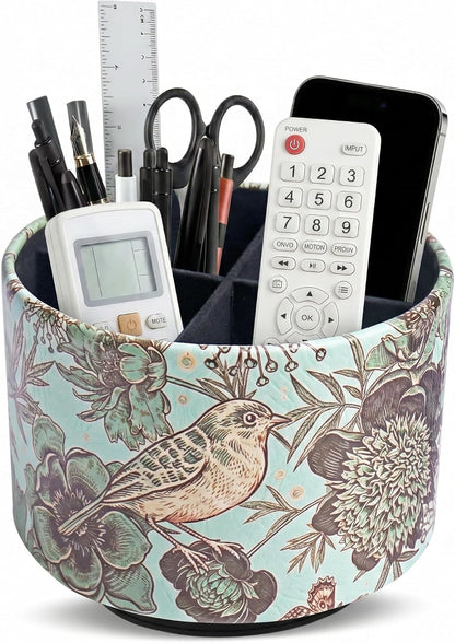Round Leather Art Supply Organizer,Remote Control Holder,360 Degree Rotating,Multi-Functional Pencil Holder,4 Compartments Desktop Stationary Organizer(1-Fractal Flower) | Round - Colors A
