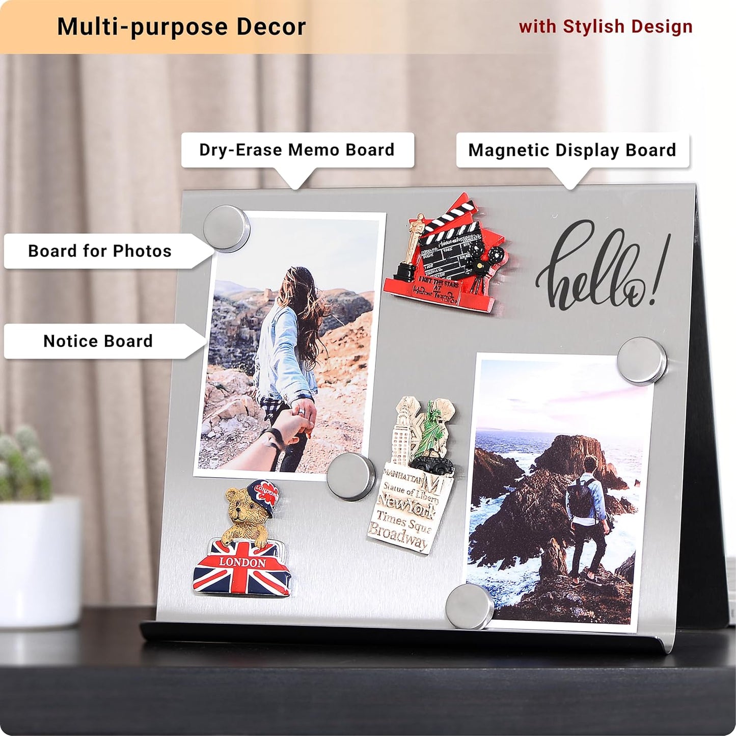Large Magnetic Bulletin Board – Dry Erase Memo Board with Stand – Tabletop Metal Easel for Magnet Display – 12x10 Inches + 4 Magnets